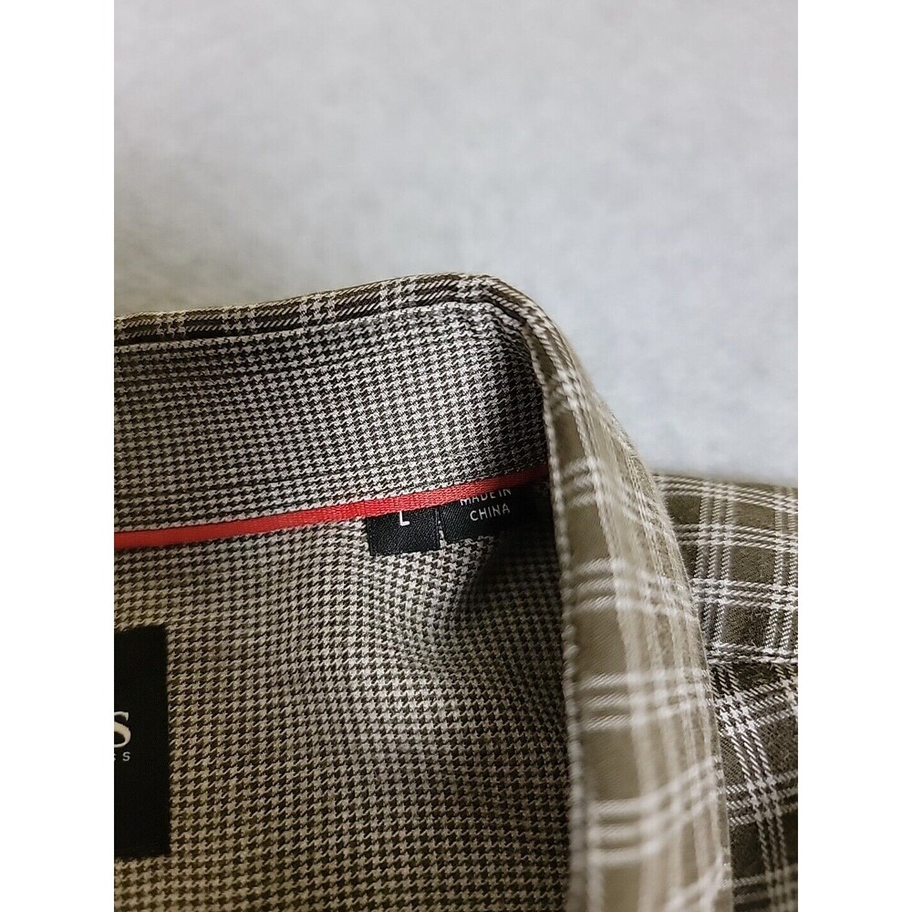 Hugo Boss Shirt Mens L Olive Green Black Plaid Slim Cotton Preppy‎ Flip Cuffs - Picture 3 of 13